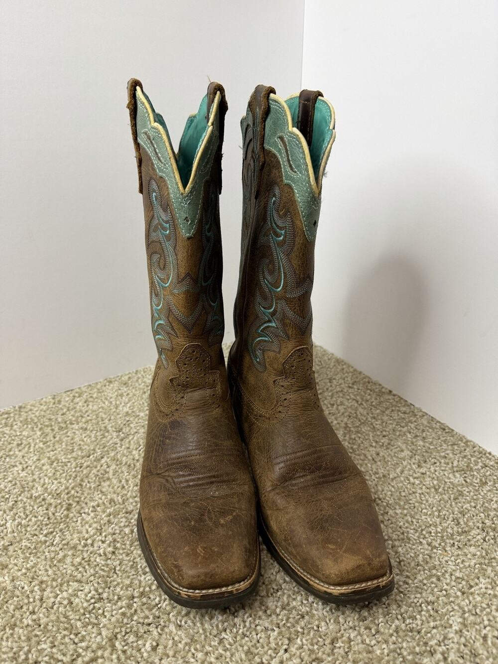 Justin Boots Womens Size 8 Brown Leather Western Mid-Calf Turquoise Stitching